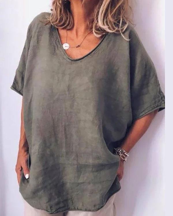 Plus Size V Neck Pure Color Summer Simple T-Shirts