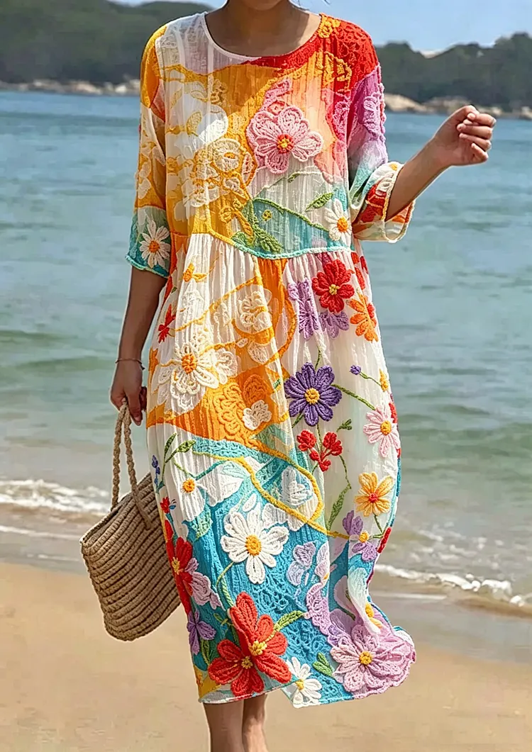 Women's Floral Embroidered Smocked Waist Midi Dress