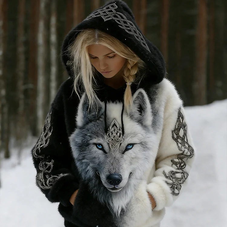 Women's Vintage Viking Wolf Celtic Knot Gradient Pattern Warm Hoodie