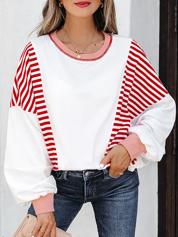 Contrast Color Striped Long Sleeves Loose Round-neck Sweatshirt Tops