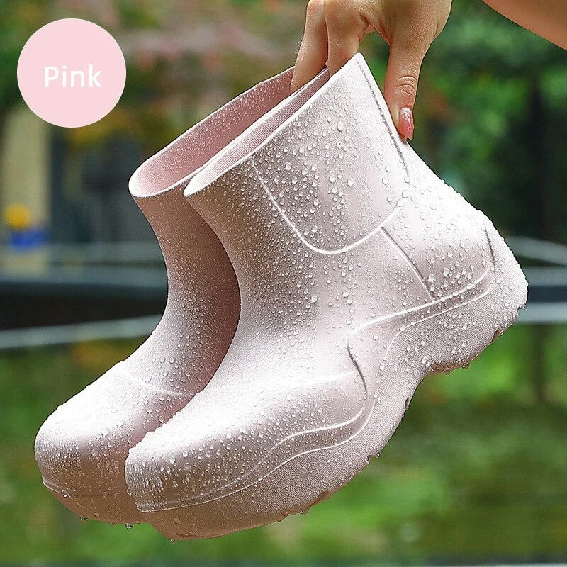 Thick Sole Design Women Rainboots Lightweight EVA Slip-on Ladies Rain Shoes Solid Outdoor Waterproof Girls Platform Ankle Boots