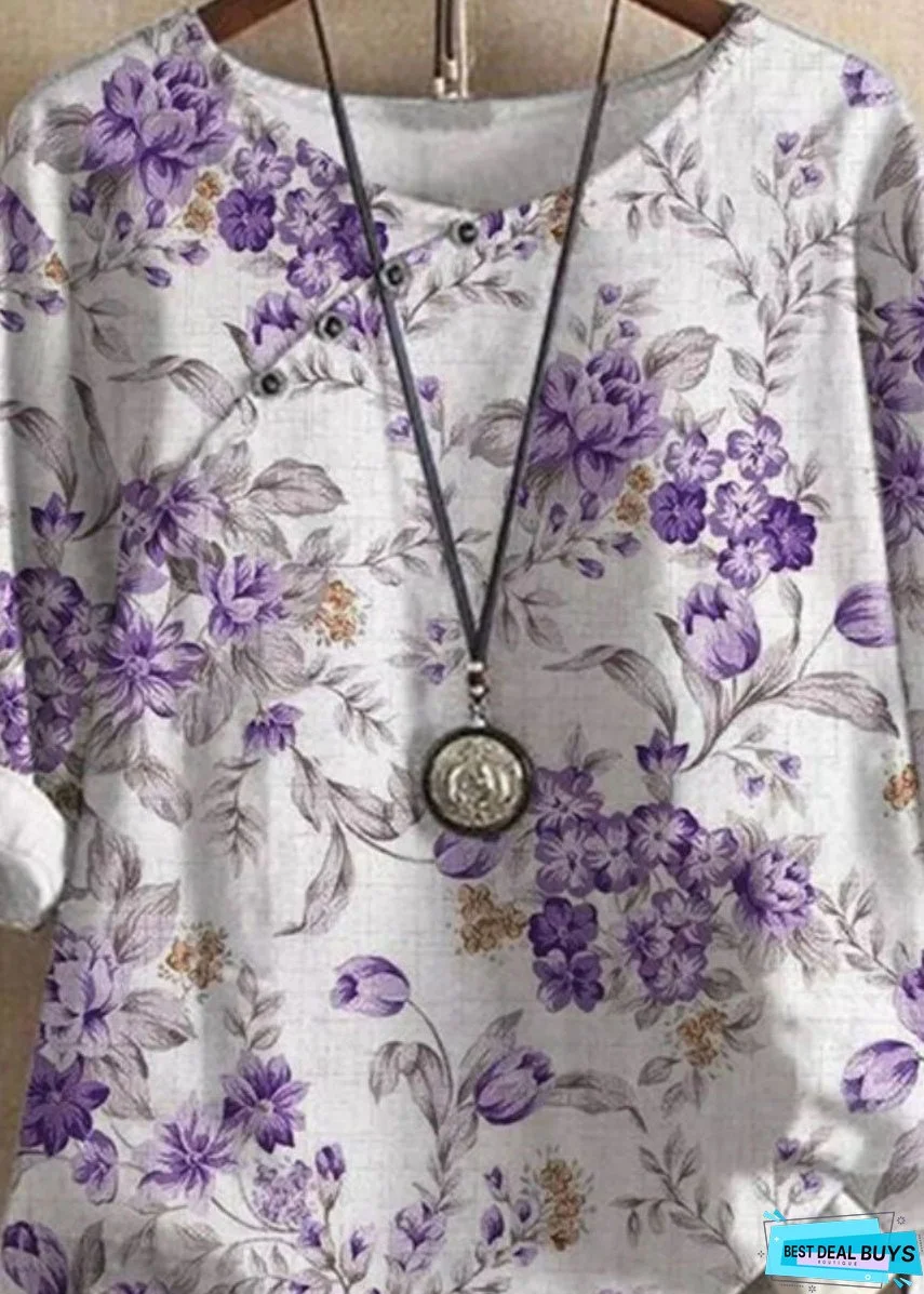 Women Purple O Neck Print Patchwork Linen T Shirts Tops Summer