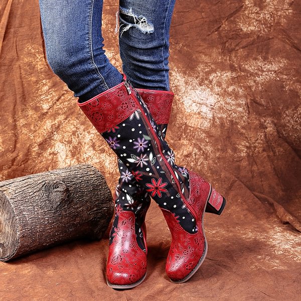 Genuine Leather Cowgirl Flower Pattern Splicing Jacquard Comfortable High Heel Boots - Shop Trendy Women's Clothing | LoverChic