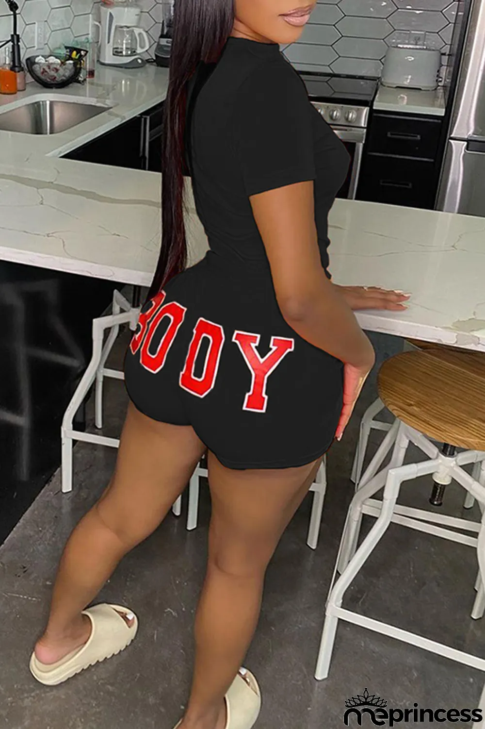 Black Fashion Casual Letter Print Basic O Neck Short Sleeve Two Pieces