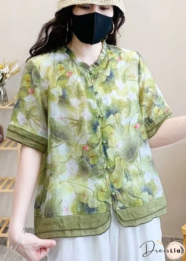 Organic Purple Print Patchwork Ruffled Linen Shirt Top Summer