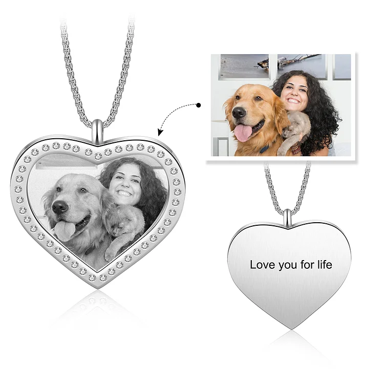 Personalized Heart Photo Necklace With Engraving Black and White Photo