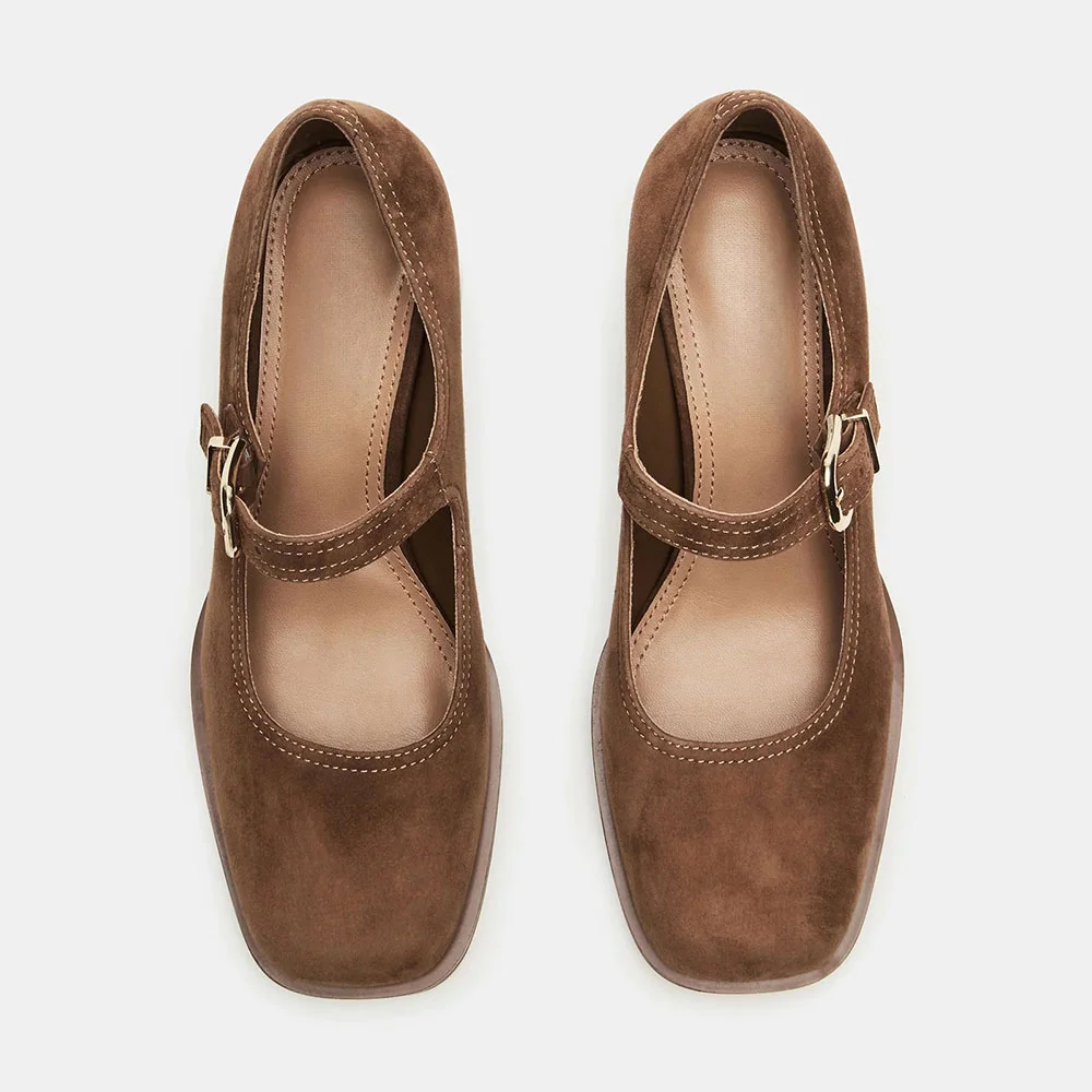 Brown Vegan Suede Square Toe Block Heel Buckle Women Mary Jane Shoes