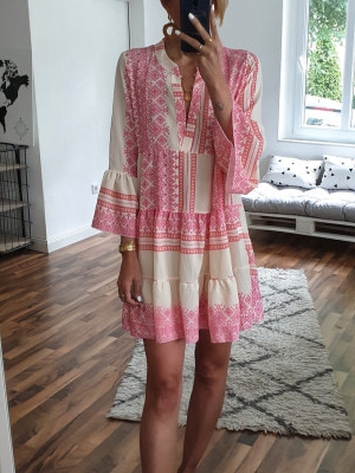 Pink Cotton-Blend Boho Striped V Neck Dresses