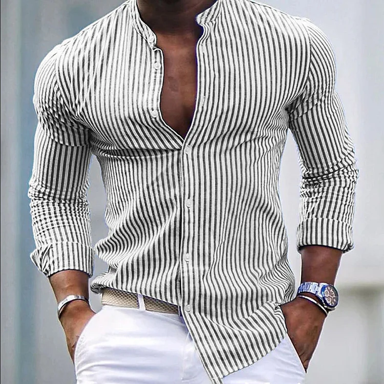 Men's Casual Striped Stand Collar Button Long Sleeve Slim Shirt