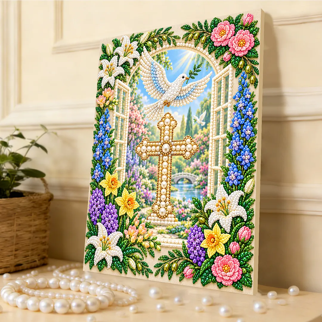 Pearl Painting Kit for Adults Cross Dove Floral with Frame 11.81x15.75in