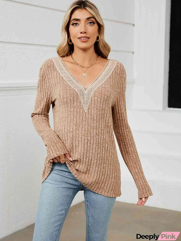 Contrast V-Neck Long Sleeve Blouse