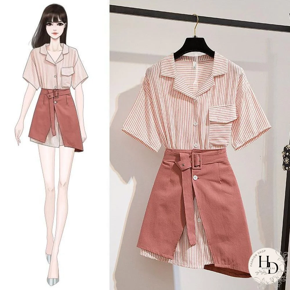 Fashion Stripe Blouse+Belt Skirt P11722