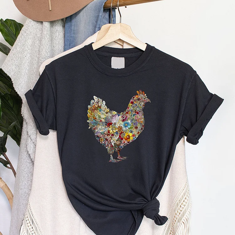 Women's Retro Floral Chicken Casual T-Shirt