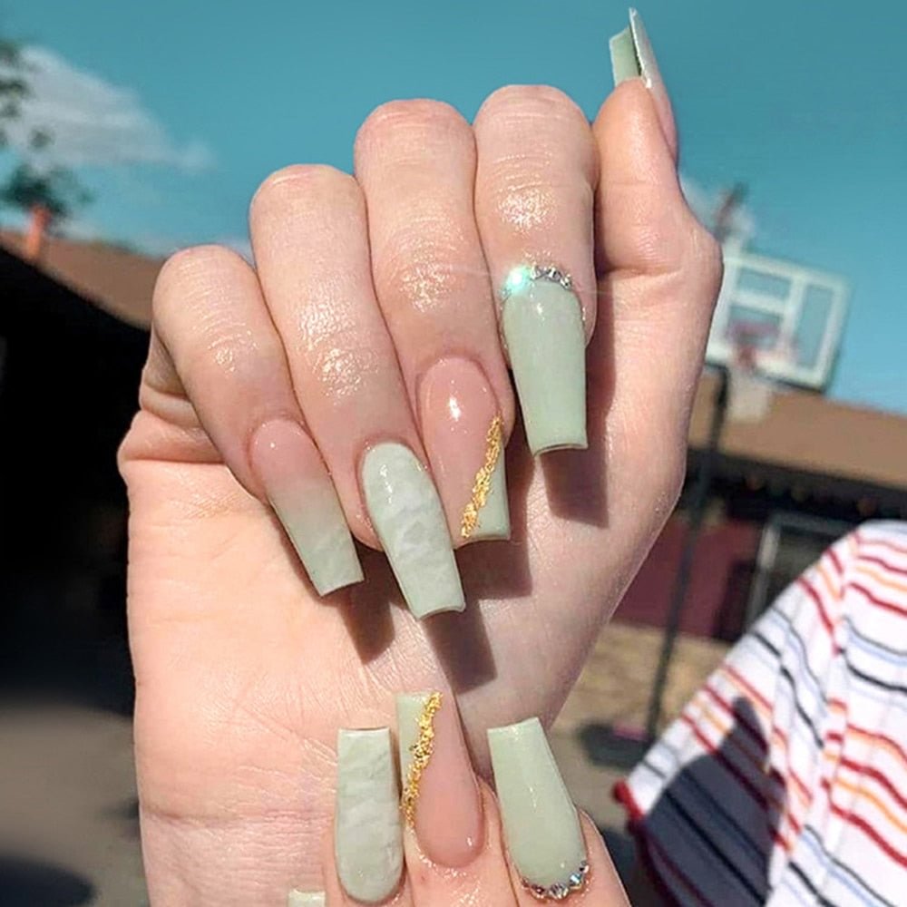 24pcs/Box Matcha Green Color With Rhinestone Long Coffin False Nails Full Cover Ballerina Press On Nails Wearable Fake Nails