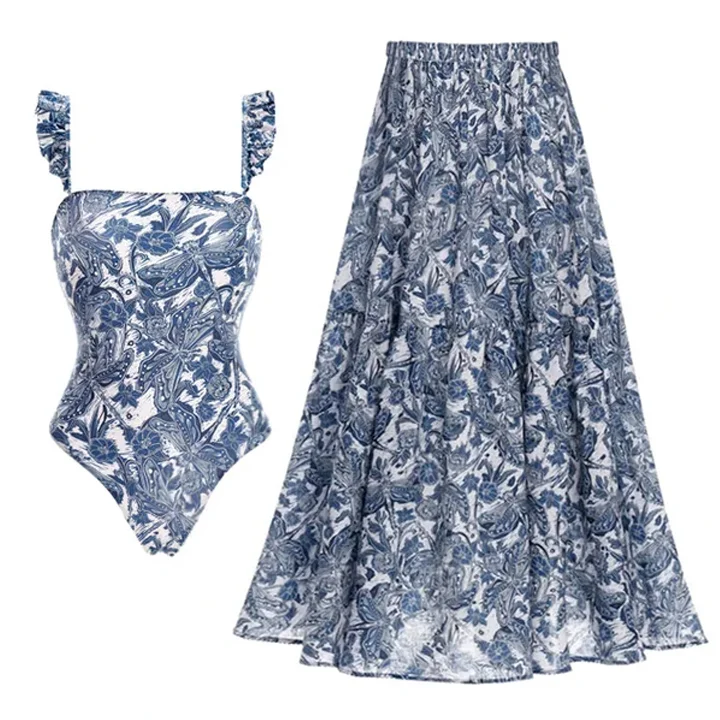 Blue Dragonfly Print Ruffle Strap Swimsuit and Skirt Flaxmaker