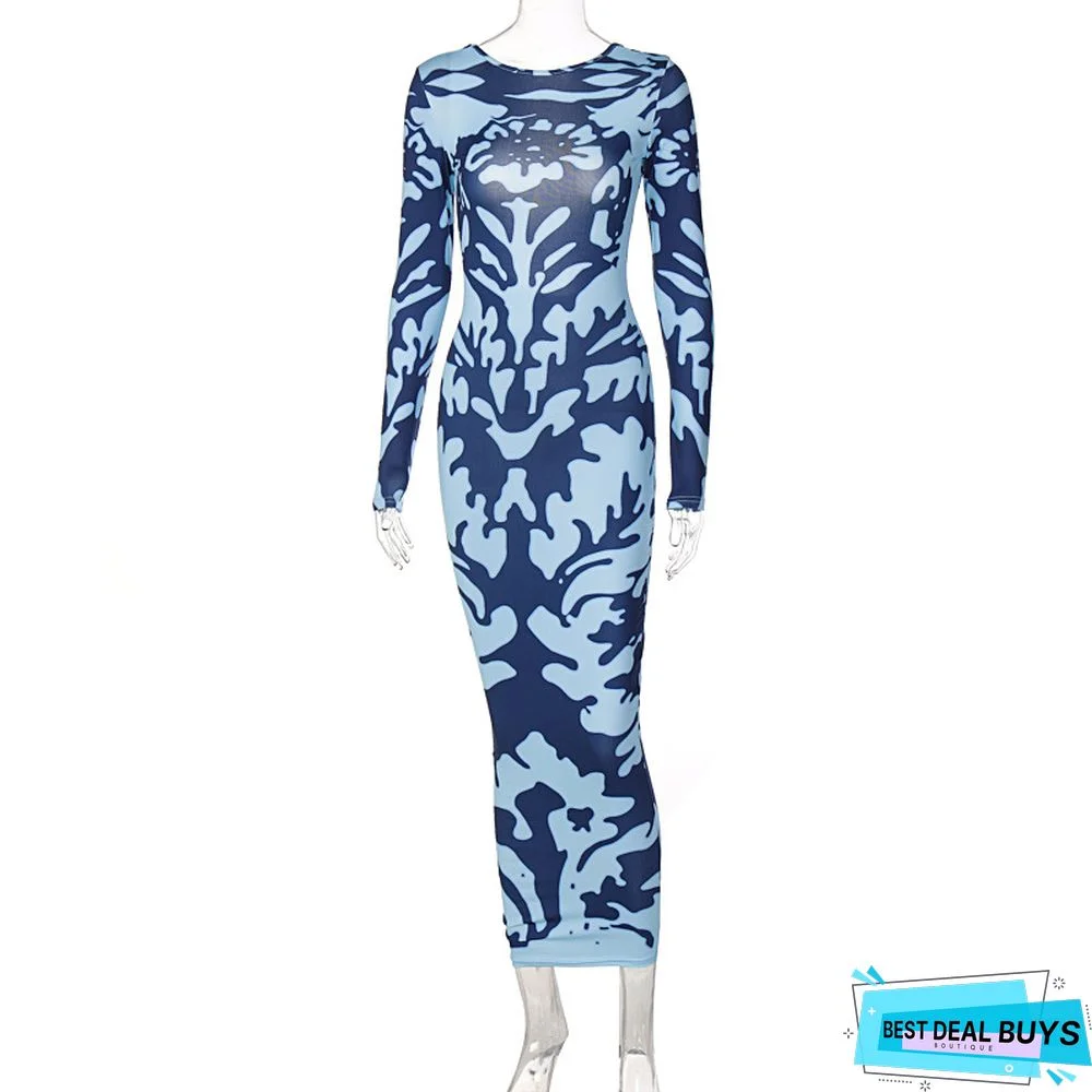 Fashion Printed Slim Back Long Sleeved Dress For Women