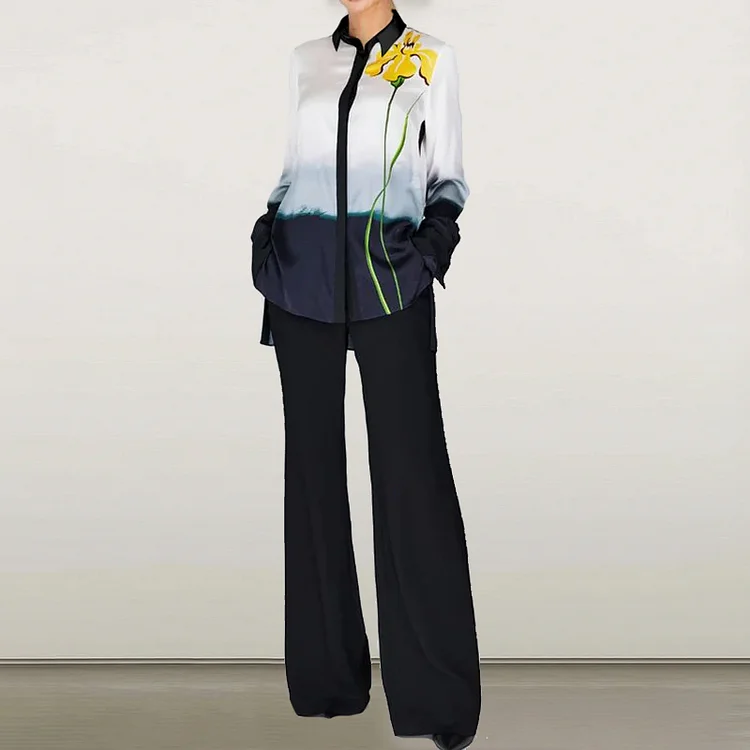 Elegant Floral Colorblock Long Sleeve Shirt Two Piece Set