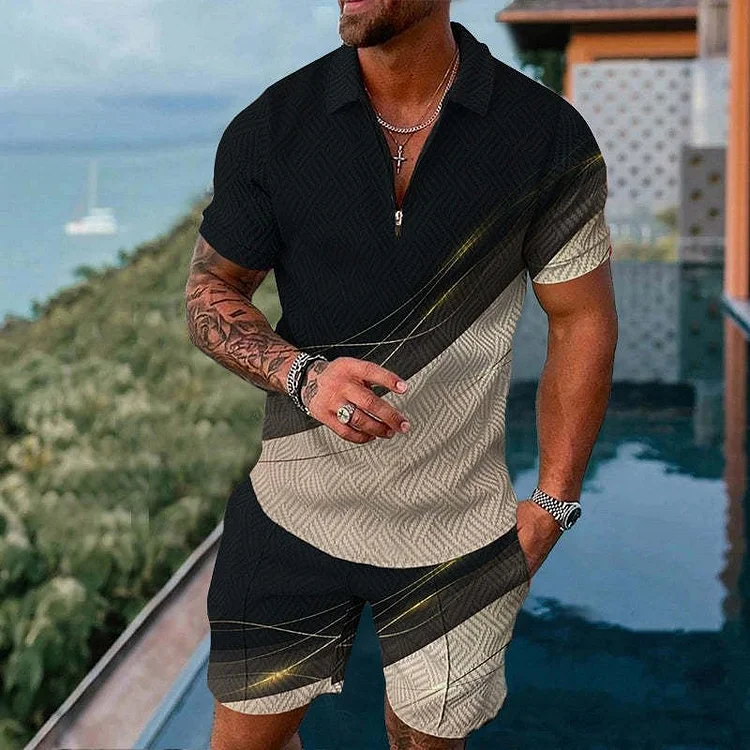 BrosWear Men's Abstract Geometric Stitching Short Sleeve  Polo Shirt And Short Co-Ord