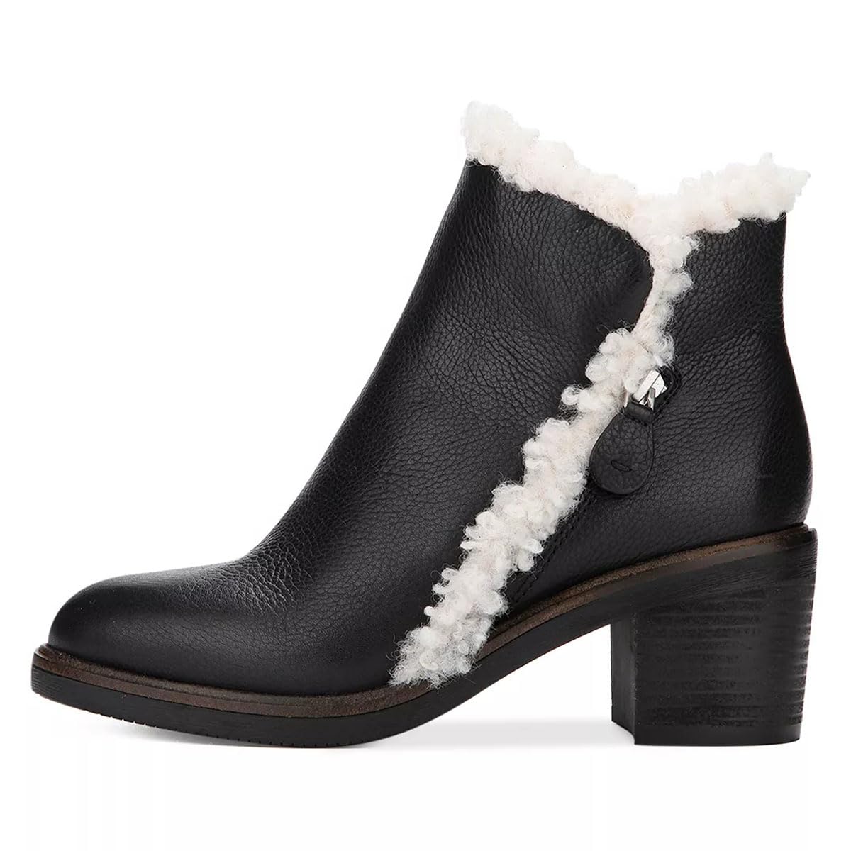Black Faux Fur Round Toe Block Heel Winter Ankle Boots with Zipper Nicepairs
