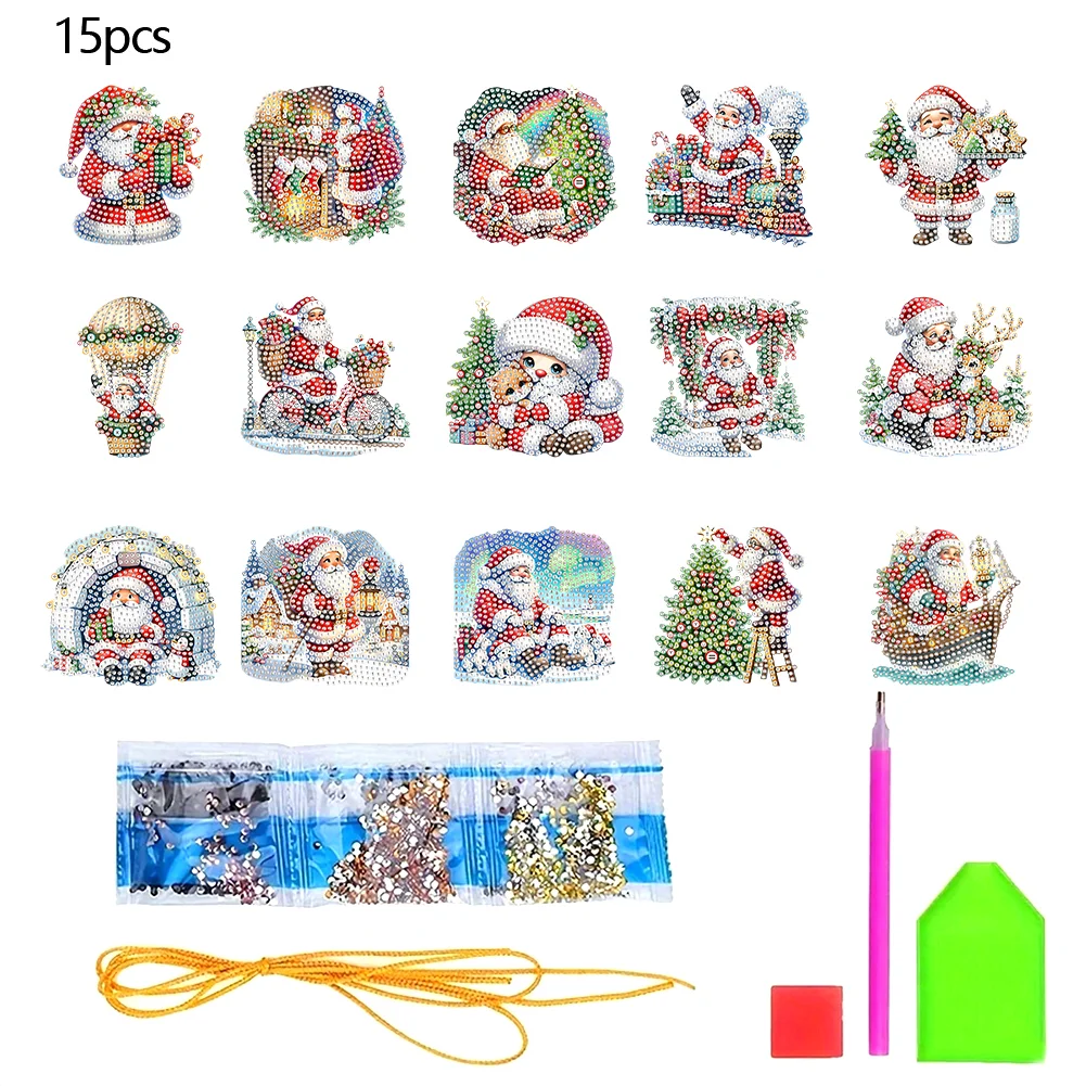 15pcs Xmas Santa Claus Theme 2D Flat DIY Hanging Diamond Art Kits Home Decor
