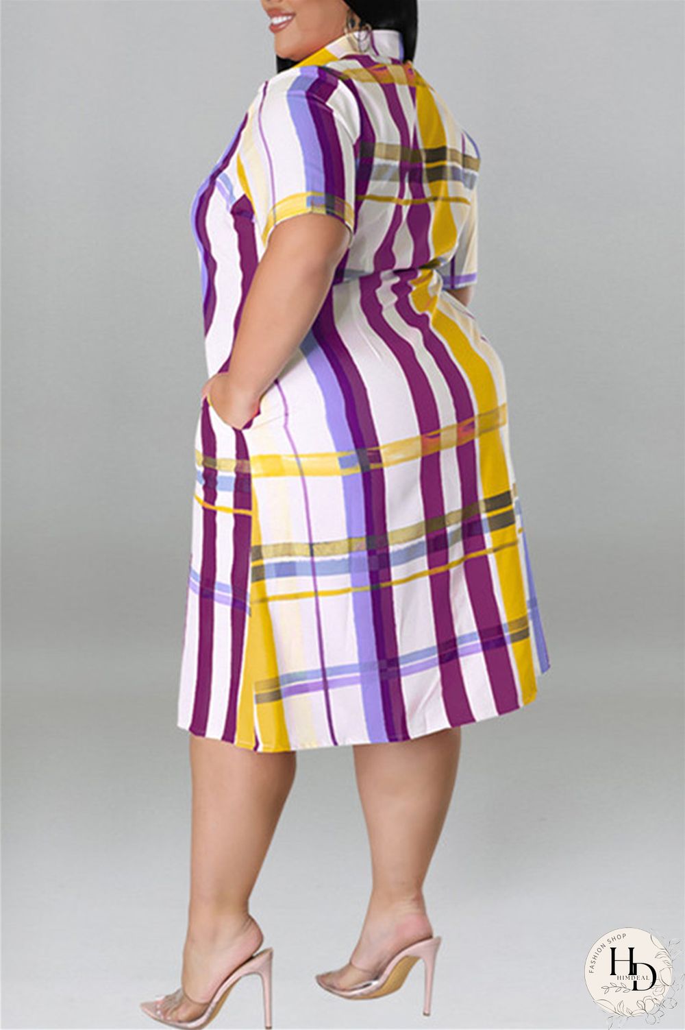 Black Fashion Casual Plus Size Plaid Print Patchwork Turndown Collar Shirt Dress
