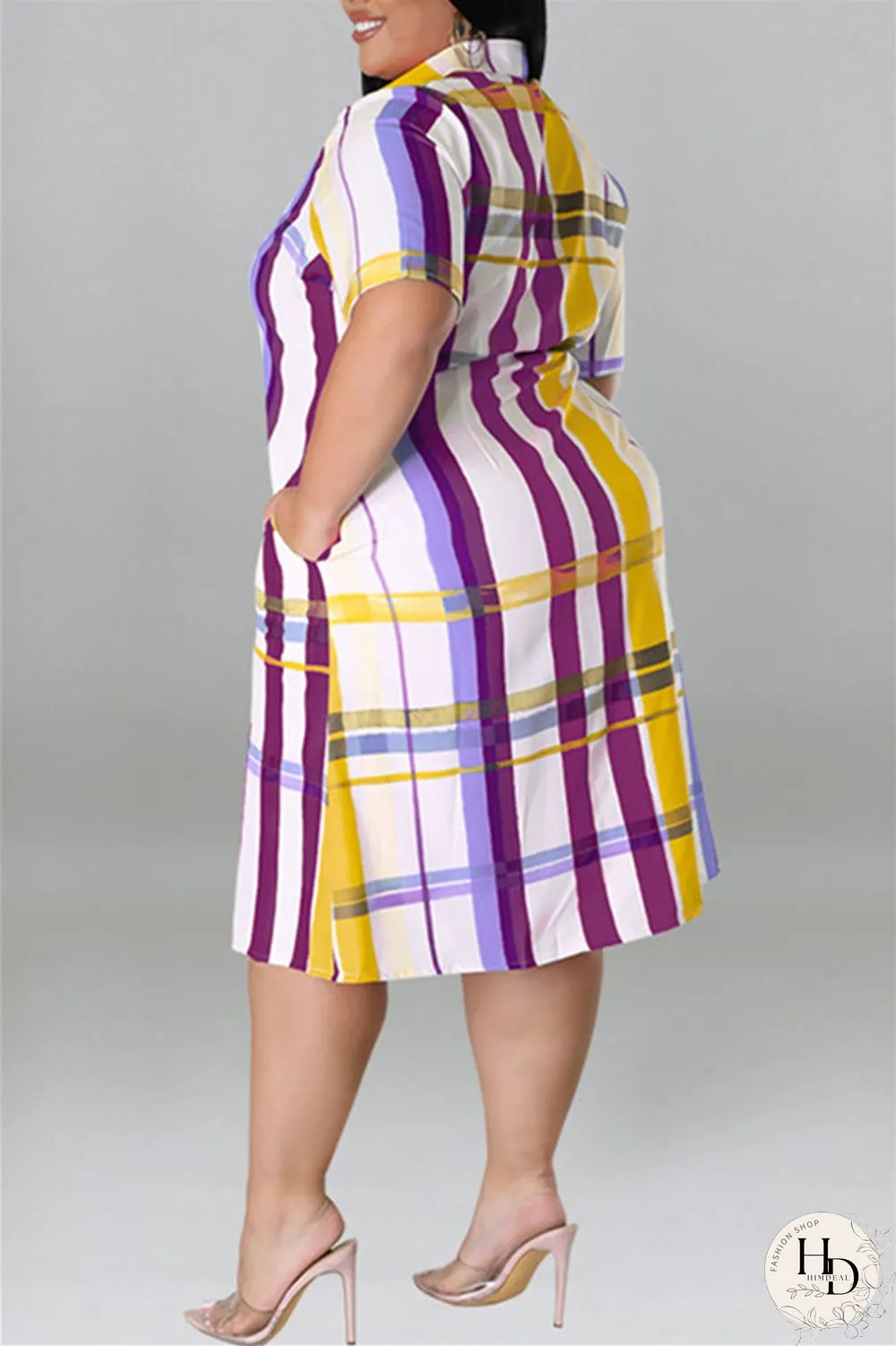 Black Fashion Casual Plus Size Plaid Print Patchwork Turndown Collar Shirt Dress