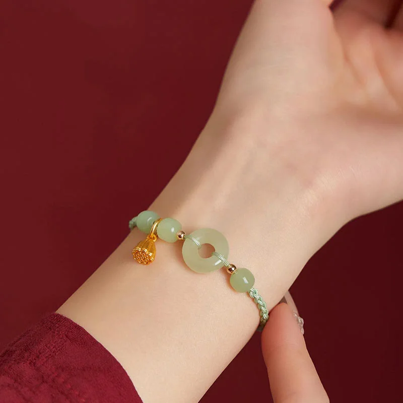 Round Peace Buckle Jade Lotus Happiness Abundance Wealth String Bracelet