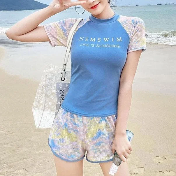 Blue/Pink Letter Print CuteT-Shirt Shorts Swimsuit Set SS1126