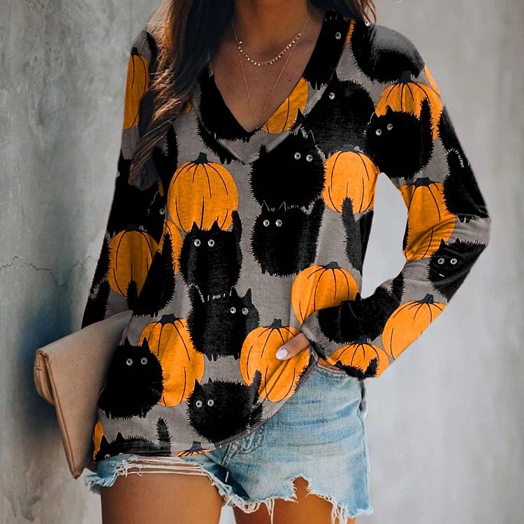 Pumpkin Black Cat Graphic Long Sleeve T-shirt