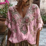 Bohemian-style Pink Floral Embroidery V-neck Short-sleeved Shirt With Sequins - Image 3