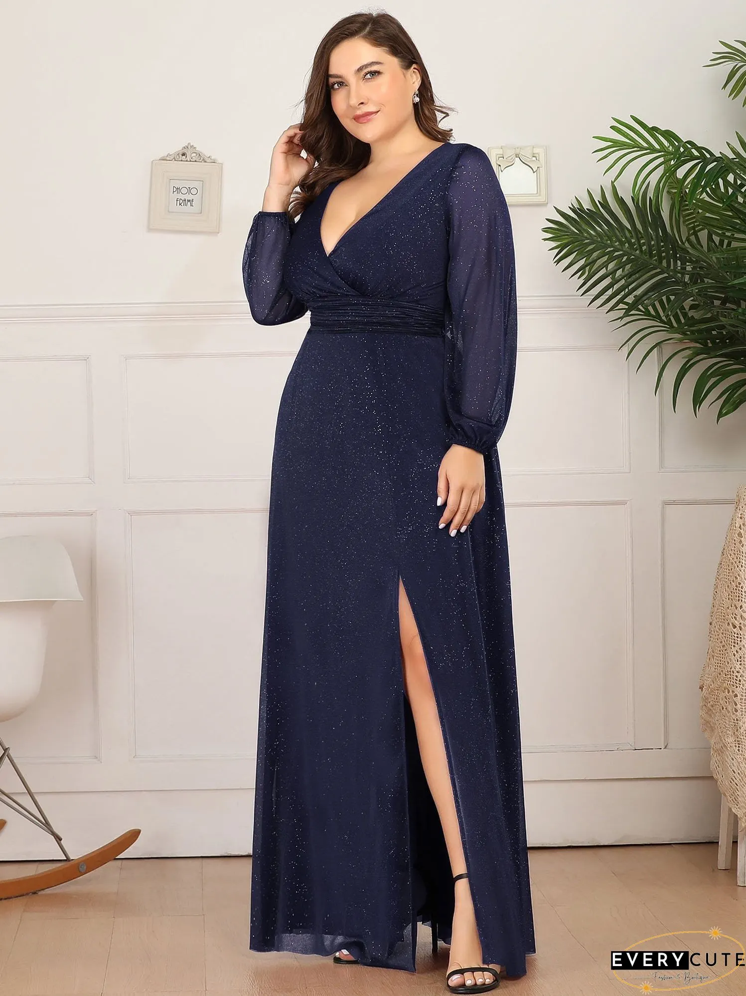 Shiny Puff Sleeve V-Neck Evening Gown for Curvy Women