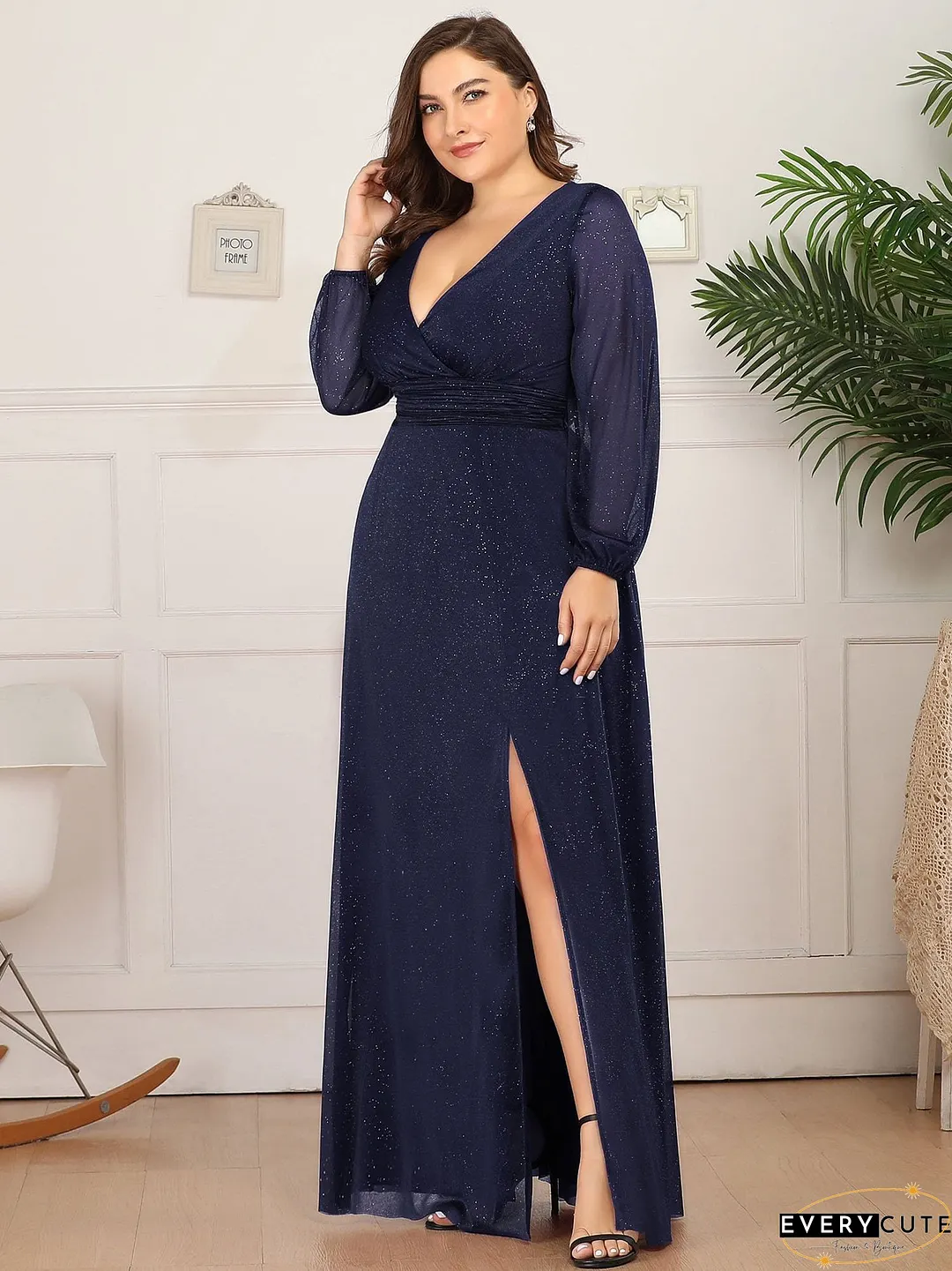 Shiny Puff Sleeve V-Neck Evening Gown for Curvy Women