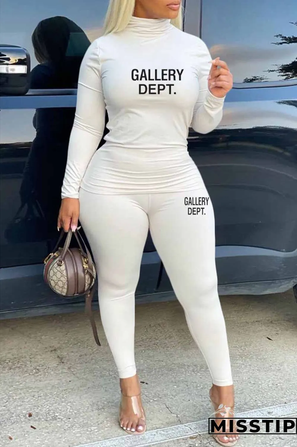 Black Casual Print Letter Turtleneck Plus Size Two Pieces