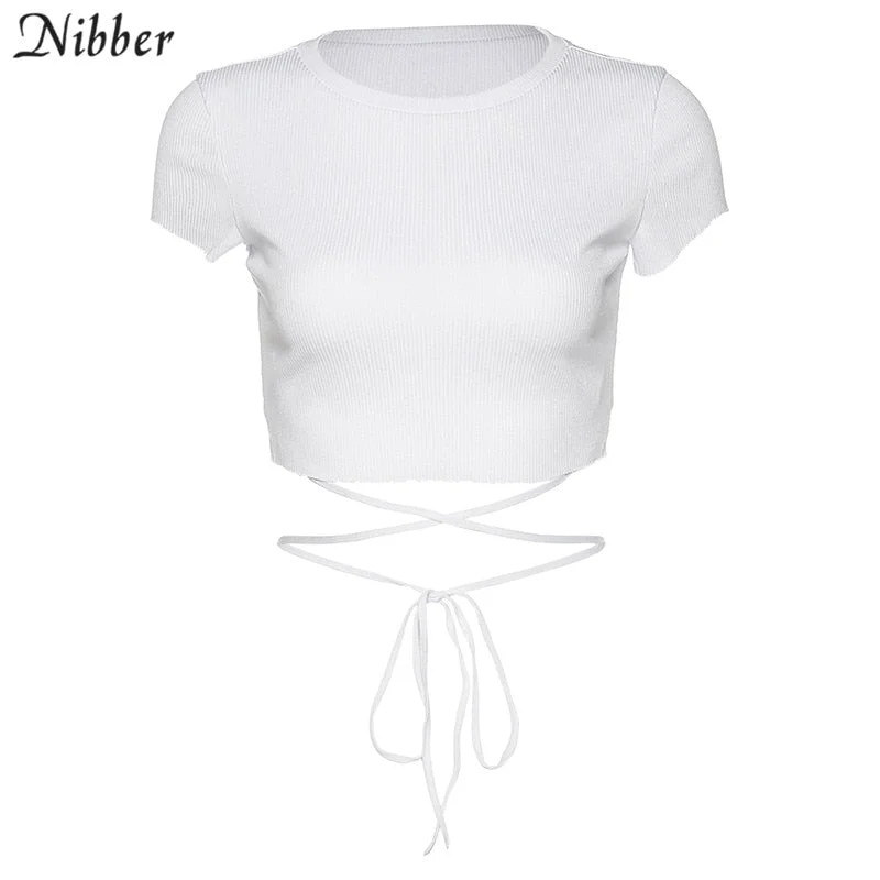 Nibber female summer solid simple slim Ribbed t-shirt crop top woman causal lace up street basic soft tee shirt femme