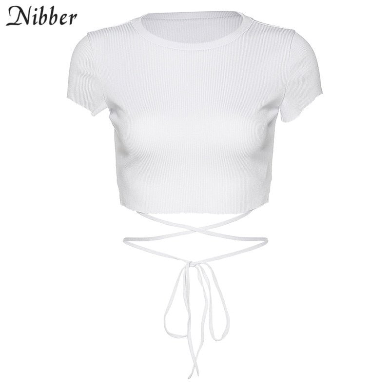 Nibber female summer solid simple slim Ribbed t-shirt crop top woman causal lace up street basic soft tee shirt femme