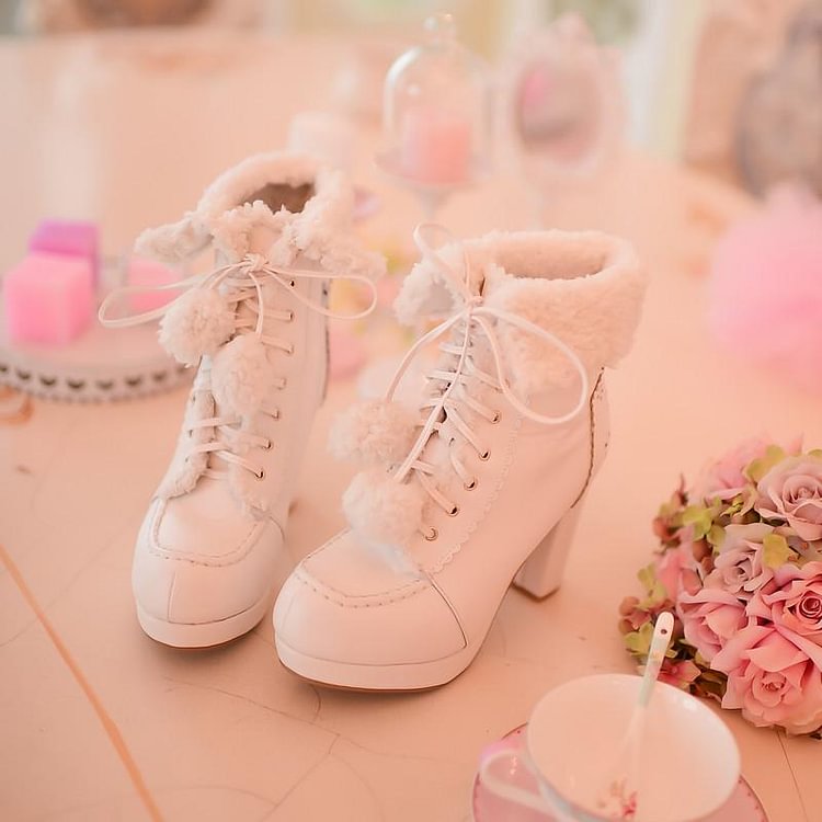 White/Pink/Apricot Fluffy Snowball Platform Heigh Heel Shoes SP154483
