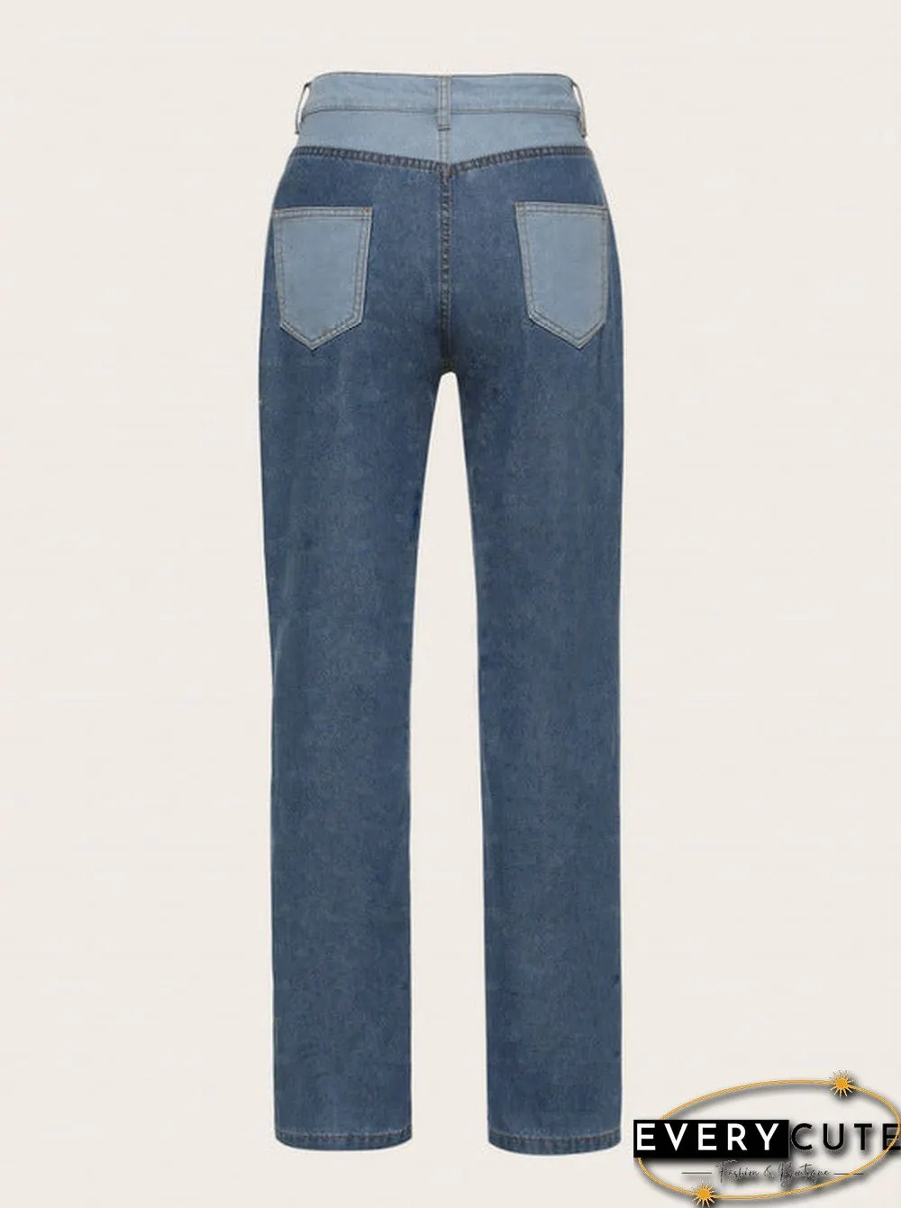 Patchwork Stitch Color Block Slim Fit Straight Leg Jeans Ripped Denim Pants