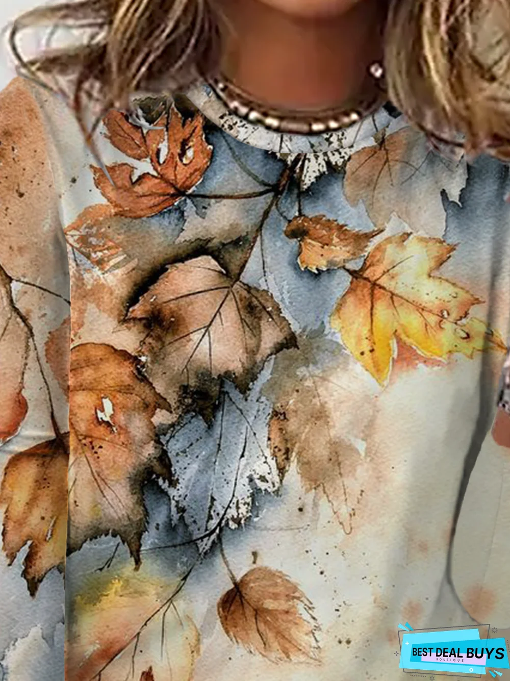 Leaf Printed Long Sleeve Casual T-Shirt