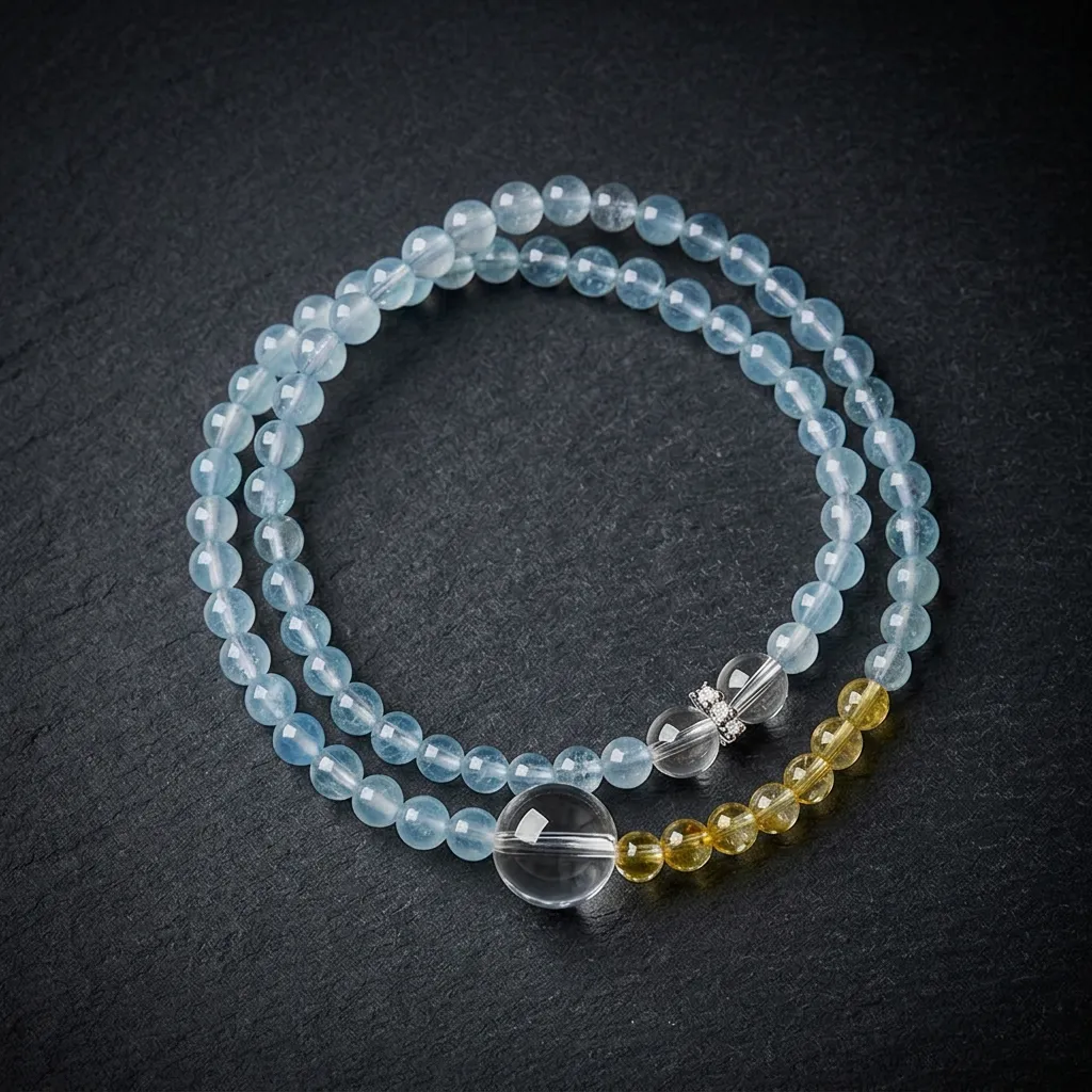 JiStones Celestial Azure: Natural Aquamarine & Clear Quartz Double-Strand Bracelet Frost & Azure Glow