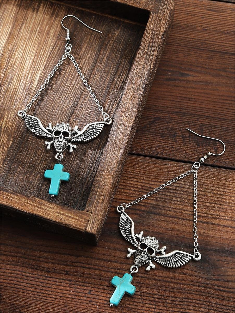 Women's Western Style Turquoise Cross Pirate Skull Earrings