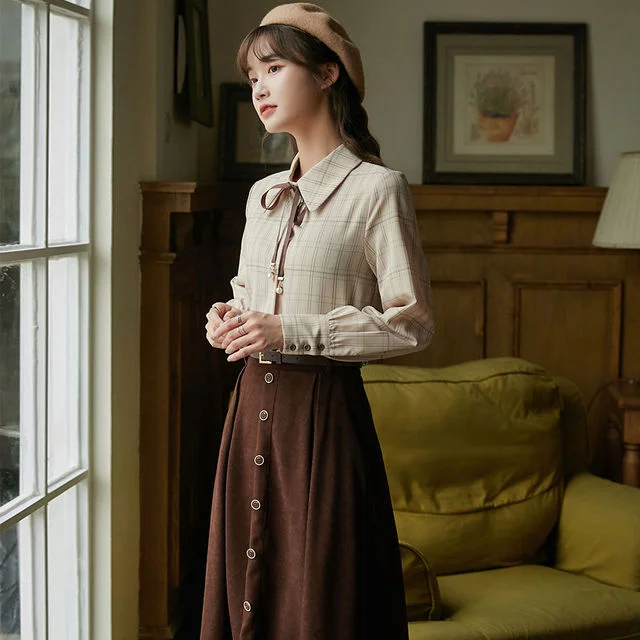 Dark Academia Elegant Bow Plaid Shirt+High Waist Skirt Set SP17126