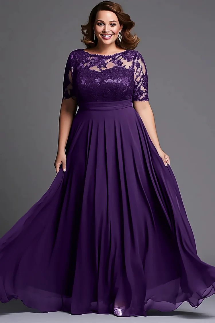 Flycurvy Plus Size Mother Of The Bride Purple Chiffon Lace Half Sleeve See-through Fold Tunic Maxi Dress  Flycurvy [product_label]