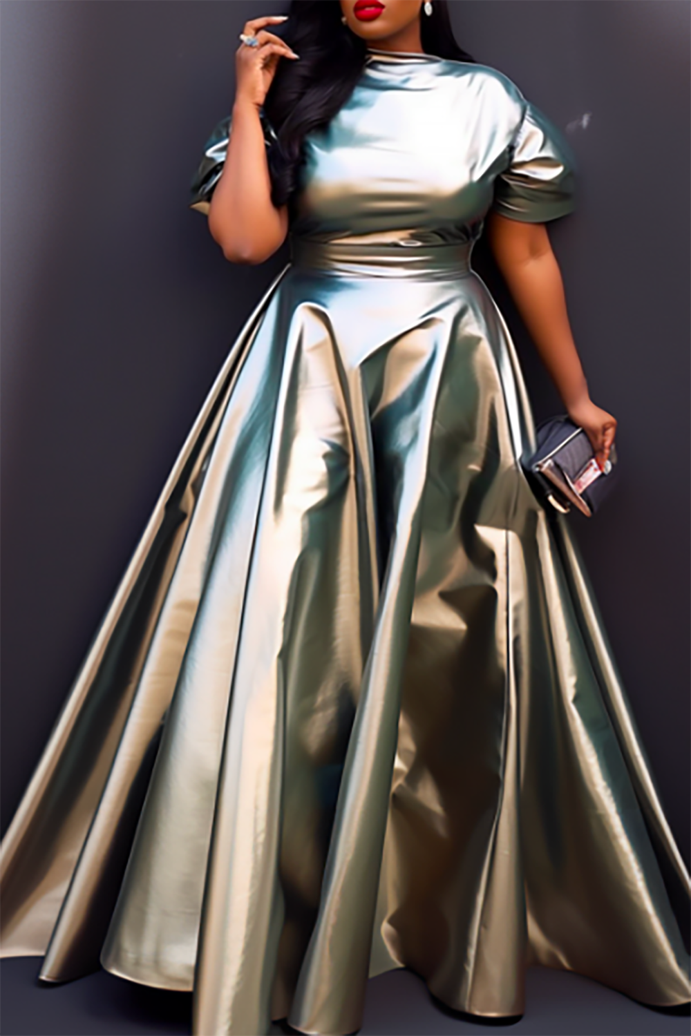Design Plus Size Semi Formal Maxi Dresses Elegant Silver Fall Winter Short Sleeve Satin Maxi Dresses