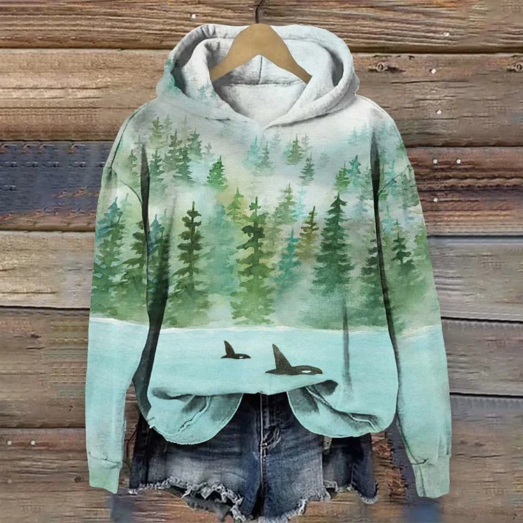 Forest printing long sleeve hooded sweatshirt new arrivals