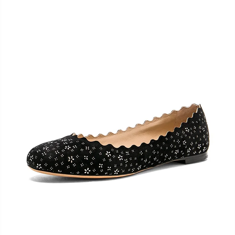 Women's Black Round Toe Floral Comfortable Flats |FSJ Shoes
