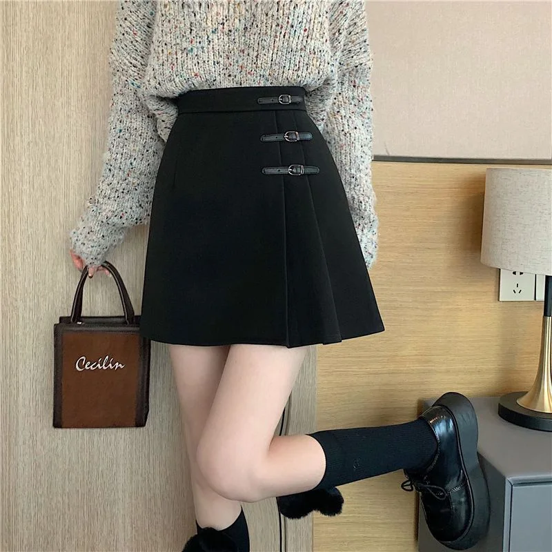 Asymmetrical Buckled Woolen Mini A-Line Skirt YP3080