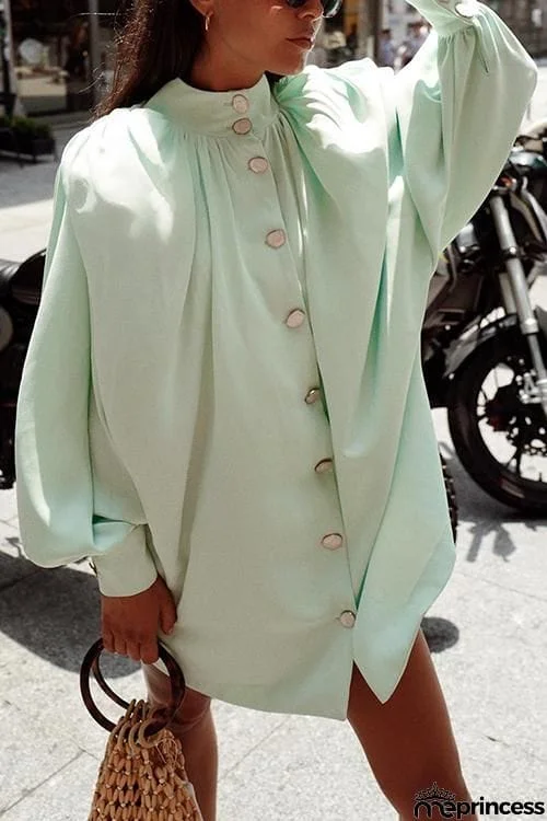Oversized Button Puff Sleeve Shirt Dress