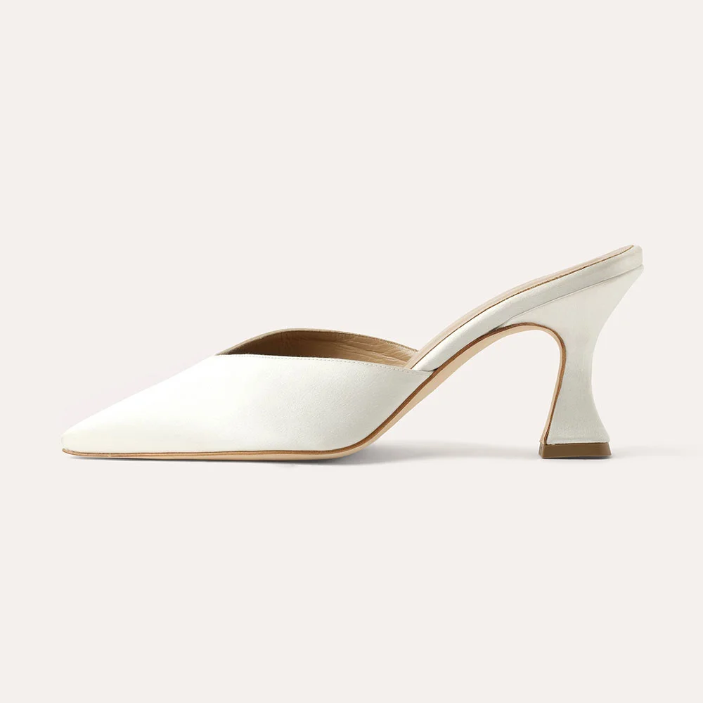 Elegant Ivory Satin Pointed Toe Flared Heel Mule Shoes for Women