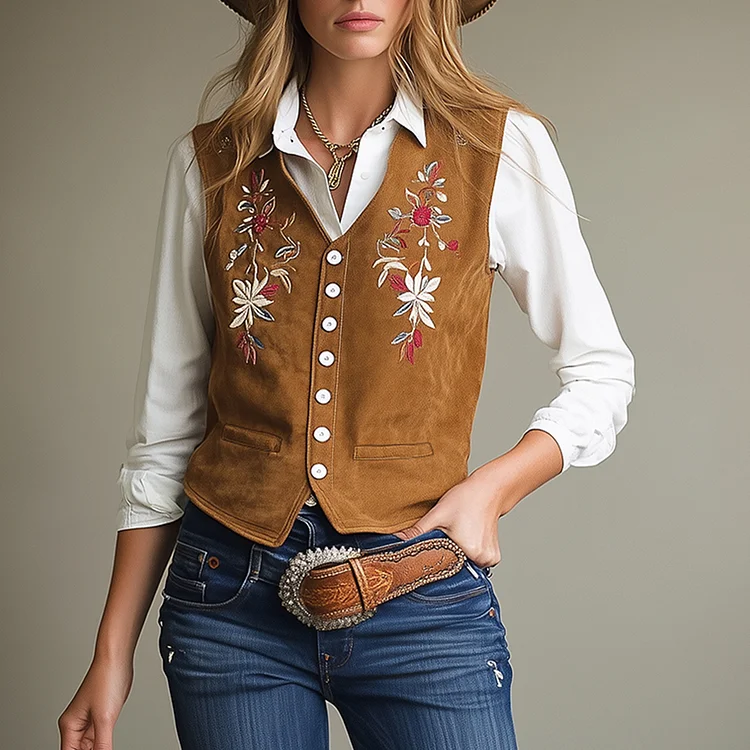 Ursime Western Suede Floral Embroidery V Neck Button Vest
