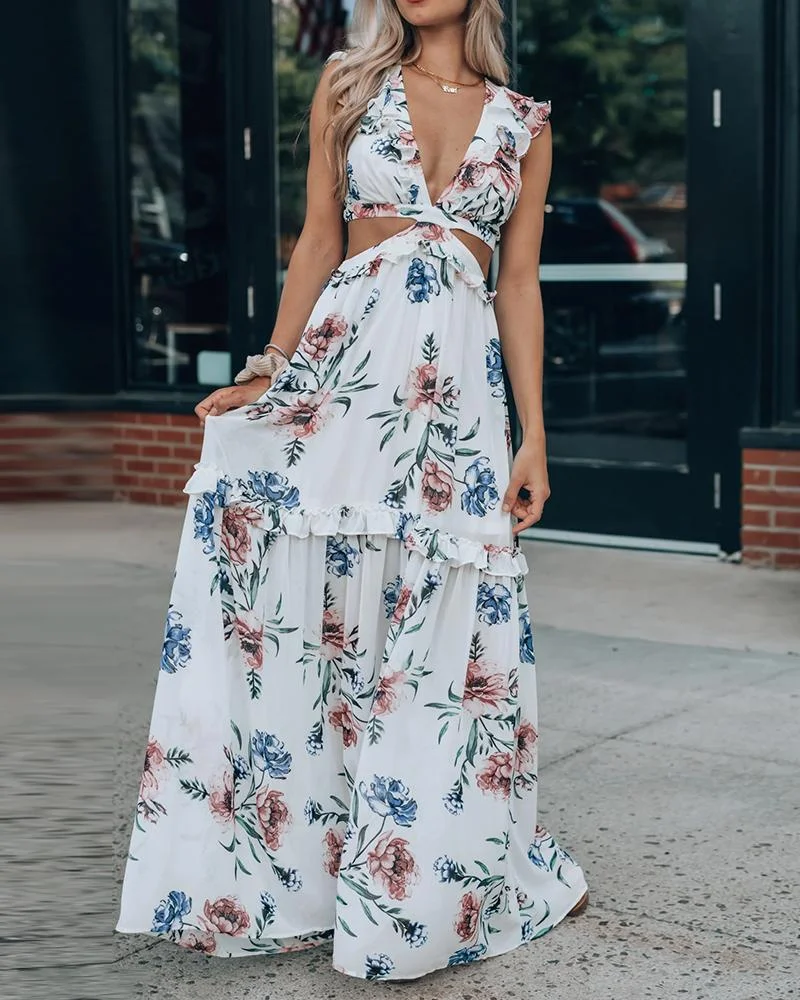Sexy Deep V Neck Ruffle Print Cutout Dress